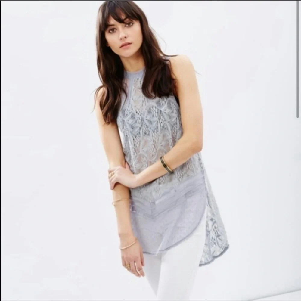 Free People Maisie Modern Mesh Lace Tunic Tank Top Gray Size S